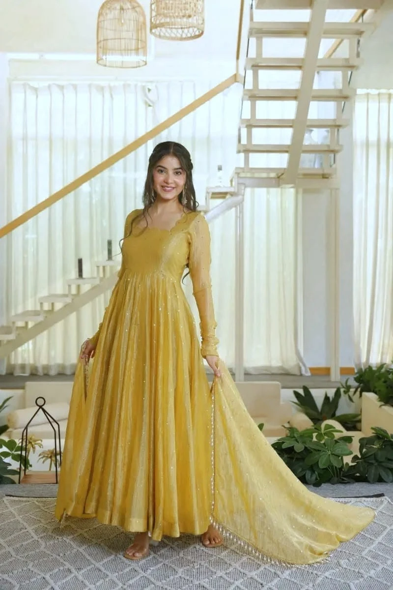 Mustard Gold Foil Work Salsa Silk Straight Salwar Set